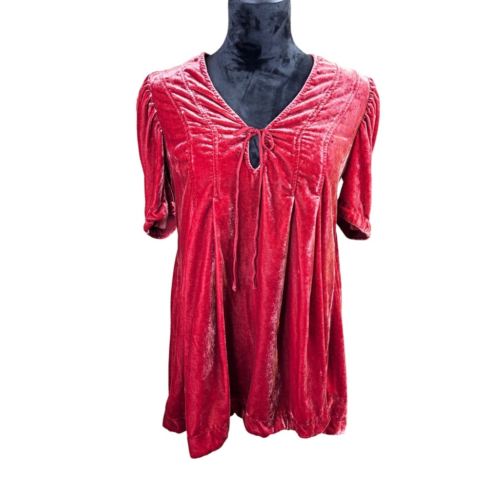 Free People Velvet Mini Dress Puff Sleeve V-Neck Tie Front Empire Waist